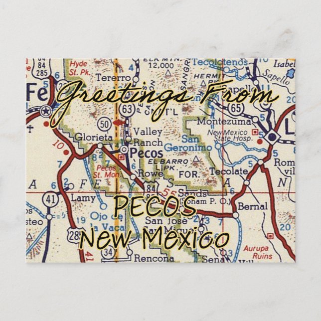 Pecos NM Vintage Karta Vykort (Framsida)