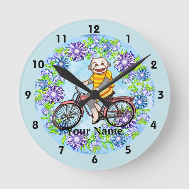Pedal Cykel Sock Monkey Rund Klocka (Framsida)