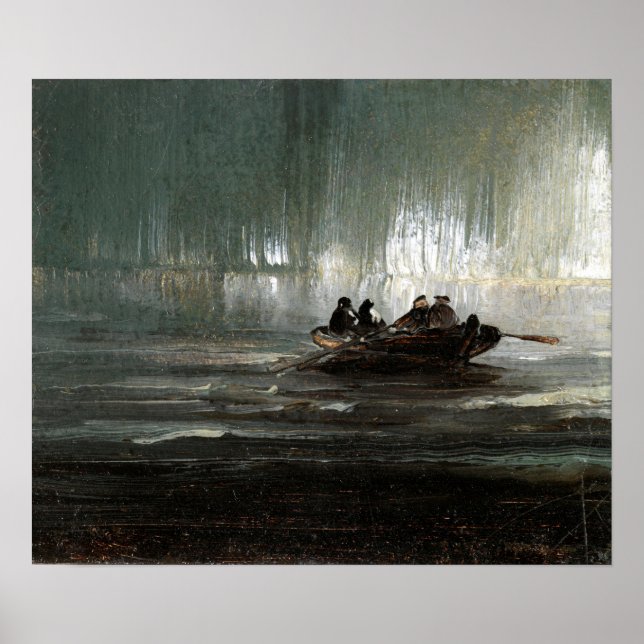 Peder Balke Northern Lights over Four Men Rowboat Poster (Framsidan)