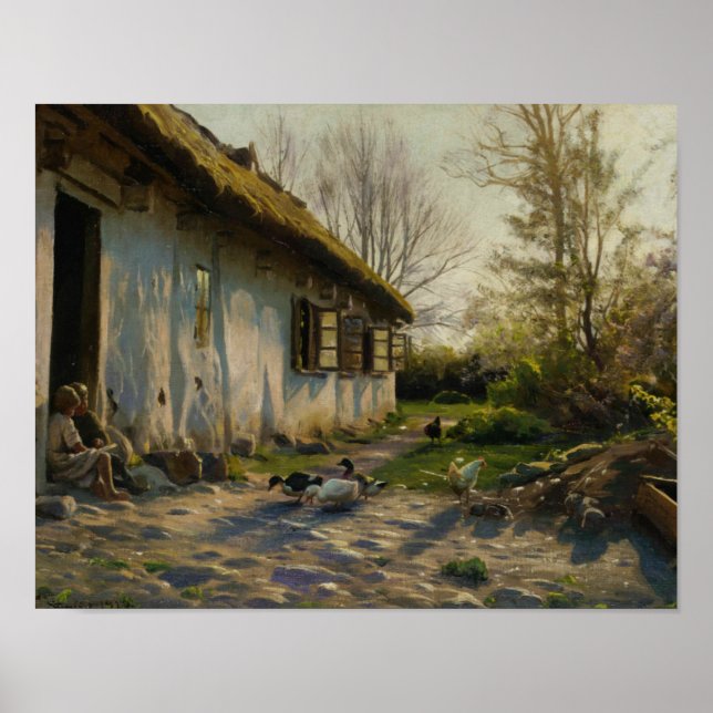 Peder Monsted - Barn som Matar Anka vid Soluppgång Poster (Framsidan)