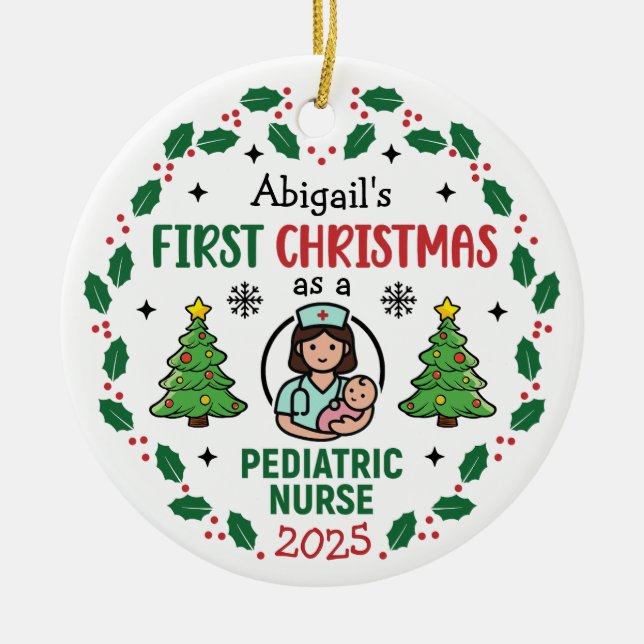 Pediatric Nurse First Christmas Tree Personalized  Julgransprydnad Keramik (Framsidan)