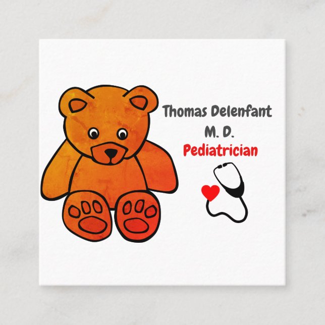 Pediatriker - orange teddy - stethoscope fyrkantigt visitkort (Framsida)