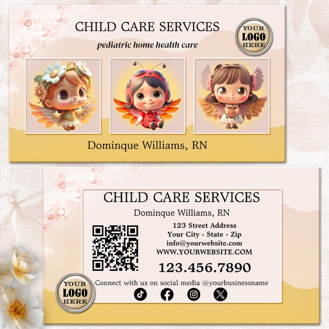 Pediatrisk barnsköterska Dagis Foto Visitkort (Business card for child care services with cute kids angels or your photos - QR code - social media)