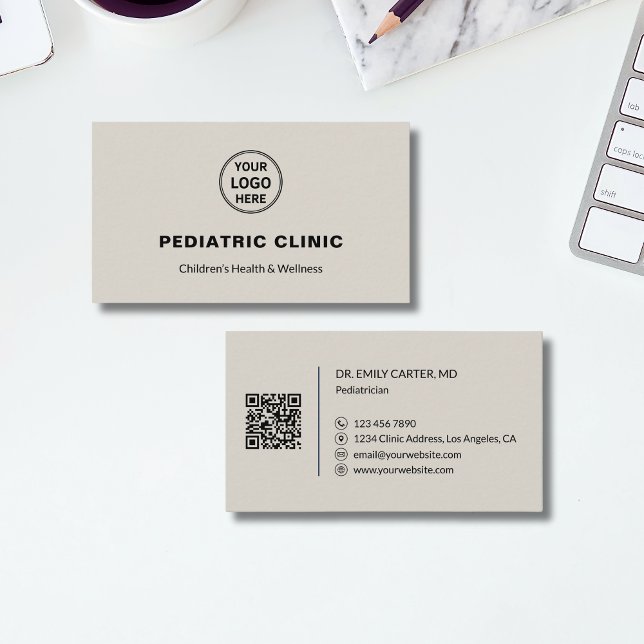 Pediatrisk klinik logotyp QR Neutral Visitkort (Pediatrician Pediatric Clinic Logo QR Neutral Business Card)