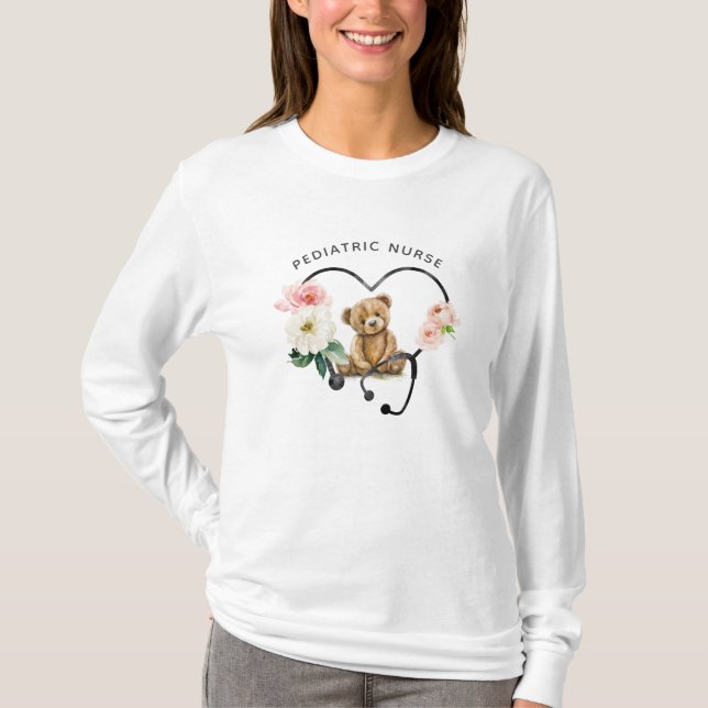 Pediatriska sjuksköterskor Nalle Blommigt Stethosc T Shirt (Framsida)