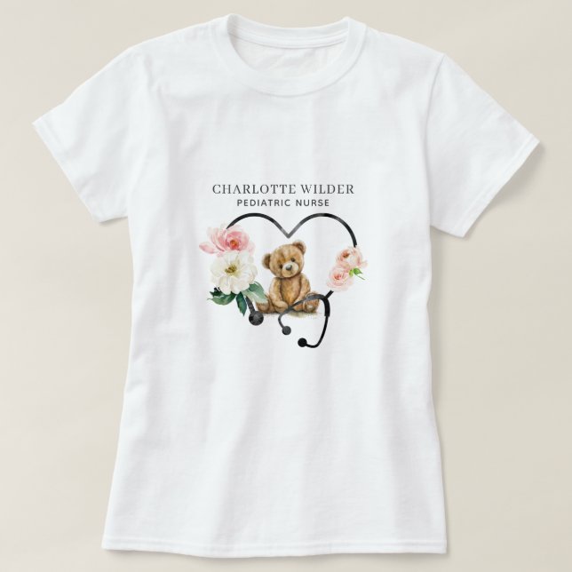 Pediatriska sjuksköterskor Nalle Blommigt Stethosc T Shirt (Design framsida)