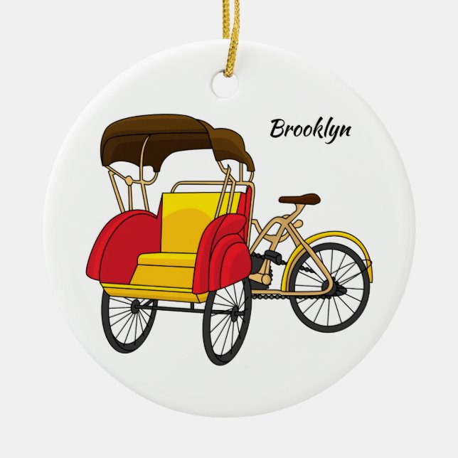 Pedicab rickshaw tecknad illustration julgransprydnad keramik (Framsidan)
