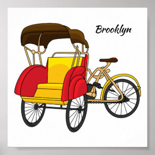 Pedicab rickshaw tecknad illustration poster