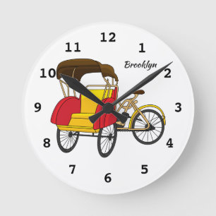 Pedicab rickshaw tecknad illustration rund klocka