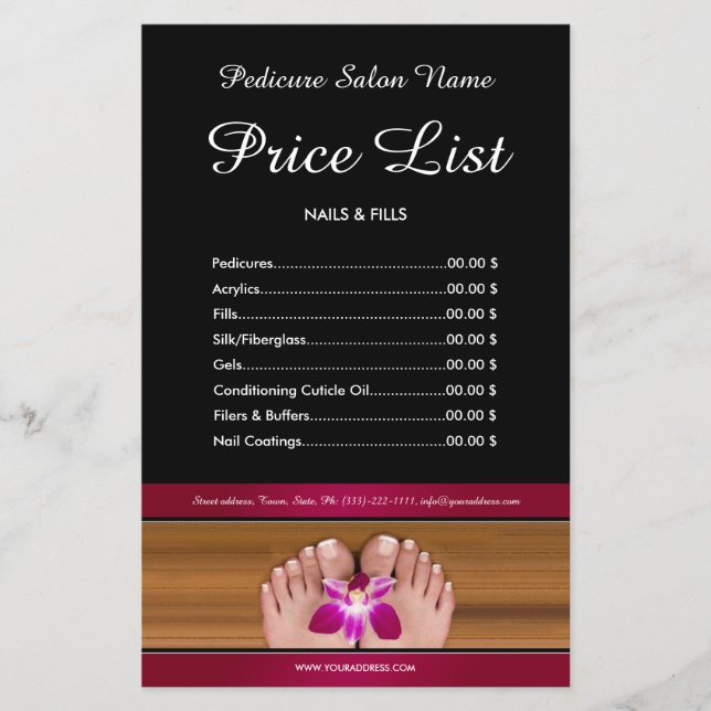 Pedicure Nail Salon Pris List Black Rosa Flyer (Framsidan)