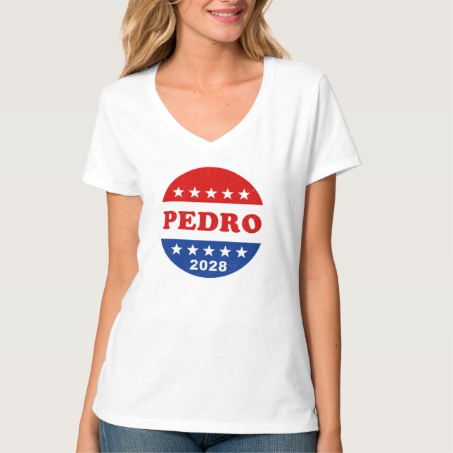 Pedro 2028 Retro Röd Vit Blå Kampanjknapp T Shirt (Framsida)