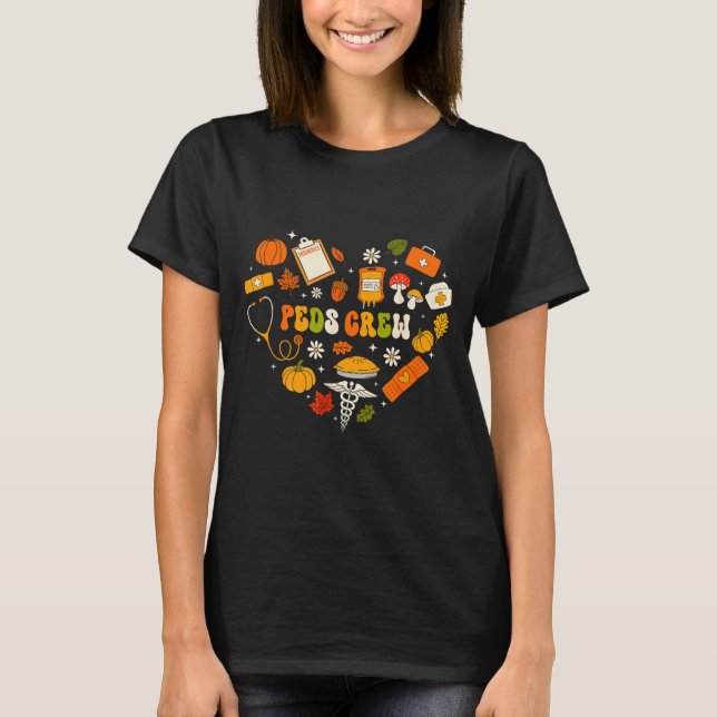 Peds Crew Nurse Fall Heart Pediatric Pumpkin Thank T Shirt (Framsida)