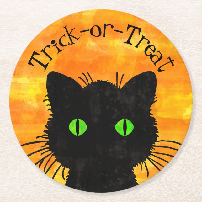 Peek-A-Boo Black Cat Orange Trick-or-Treat Underlägg Papper Rund (Framsidan)