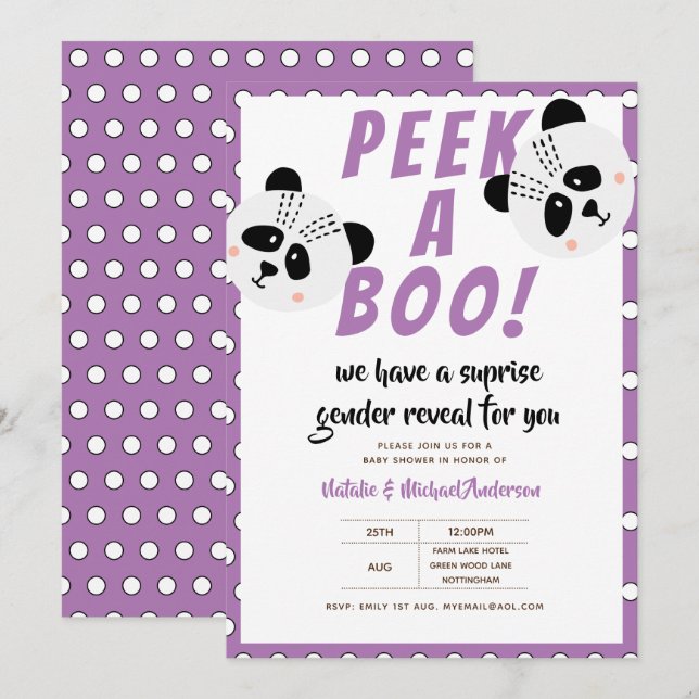 Peek-A-Boo Gender Reveal Panda Bear Lila Baby Inbjudningar (Fram/baksida)