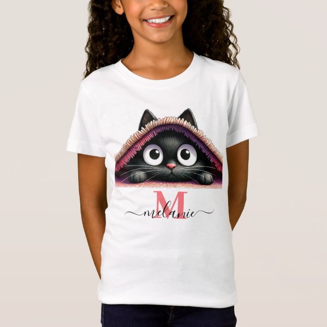 Peek-a-Boo Kitten Script Namn Monogram Girls'' T Shirt (Framsida)