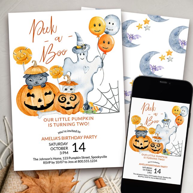 Peek a Boo Little Pumpkin Turning 2:a födelsedagen Inbjudningar (Peek a Boo Pumpkin turning Two 2nd birthday invitation)