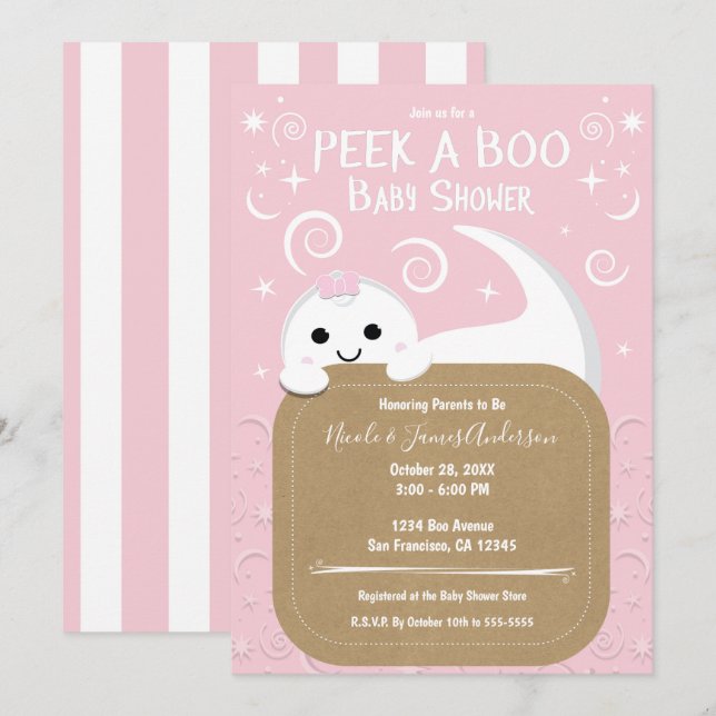 Peek a BOO Spök Pink Halloween Baby Shower   Inbjudningar (Fram/baksida)