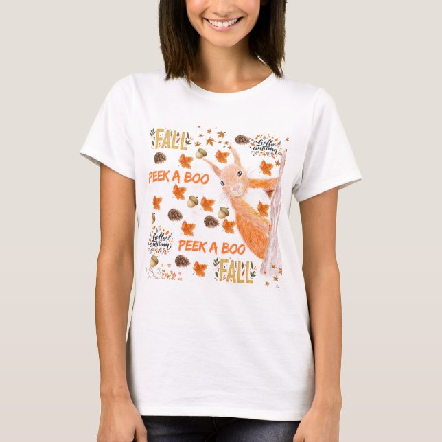 Peek a boo Squirrel Autumn Dekorativ kudde T Shirt (Framsida)