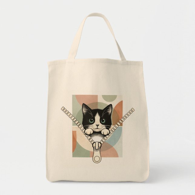 Peekaboo Cat Tote Bag Pastel Geometric Background Tygkasse (Framsidan)