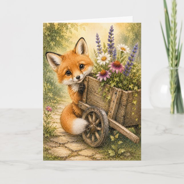 Peekaboo Fox Trädgårdsvagn Vattenfärg Tom Julkort Kort (Framsida)