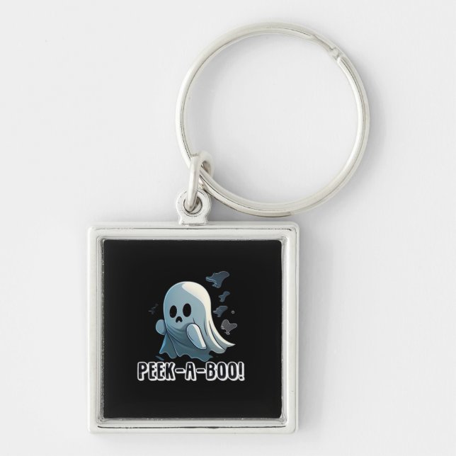 Peekaboo Halloween Edition Fyrkantig Silverfärgad Nyckelring (Framsidan)