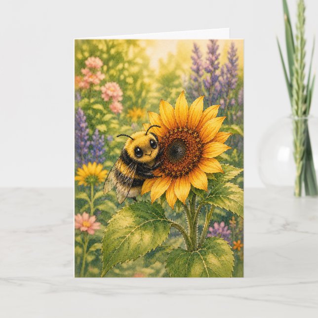 Peekaboo Humla Solros Watercolor Blank  Kort (Framsida)