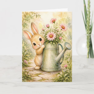 Peekaboo Kanin Vattnar Blommor Akvarell Blank Kort