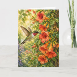 Peekaboo Kolibri Trumpetvinstill Vattenfärg Blank Kort