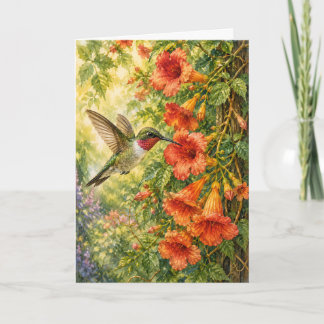Peekaboo Kolibri Trumpetvinstill Vattenfärg Blank Kort