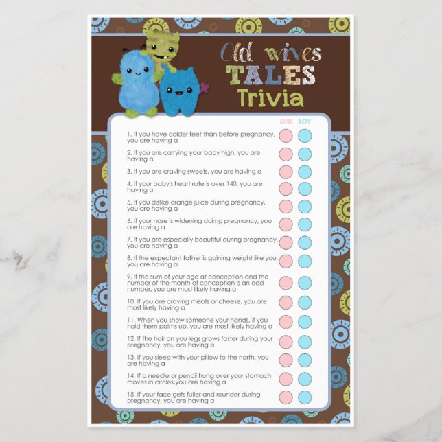 PeekaBoo Monsters Baby Shower Game Old Wives' Tale Flygblad (Framsidan)