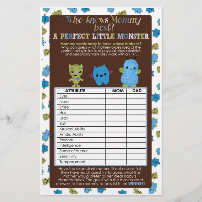 PeekaBoo Monsters Baby Shower Game Perfekt Baby (Framsida)