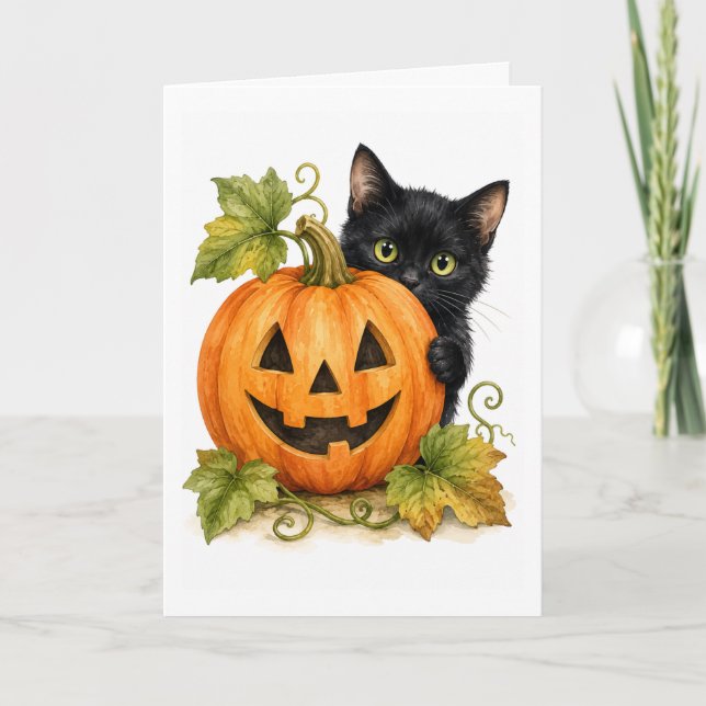 Peekaboo Pumpkin Patch Svart Katt Vattenfärg Blank Kort (Framsida)