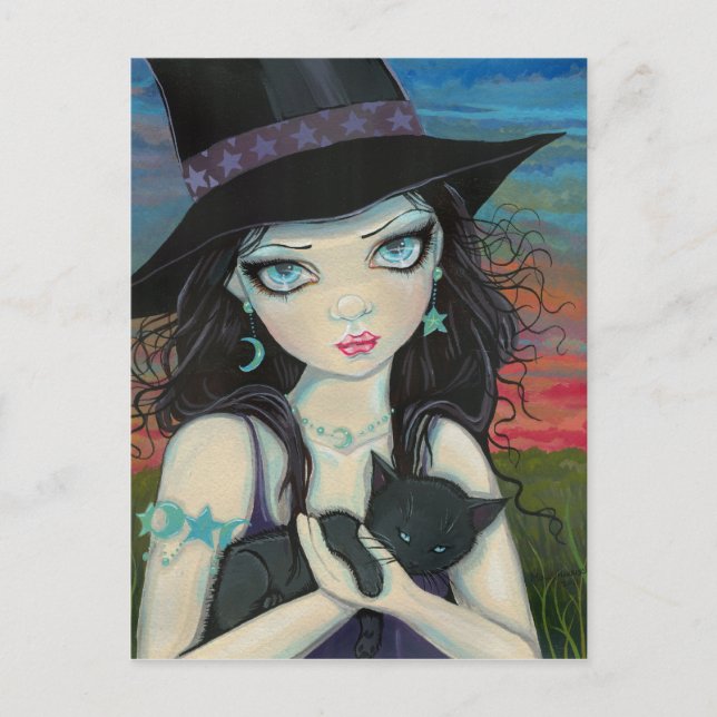 Peekaboo Witch och Cat Stort öga Art-vykort Vykort (Framsida)