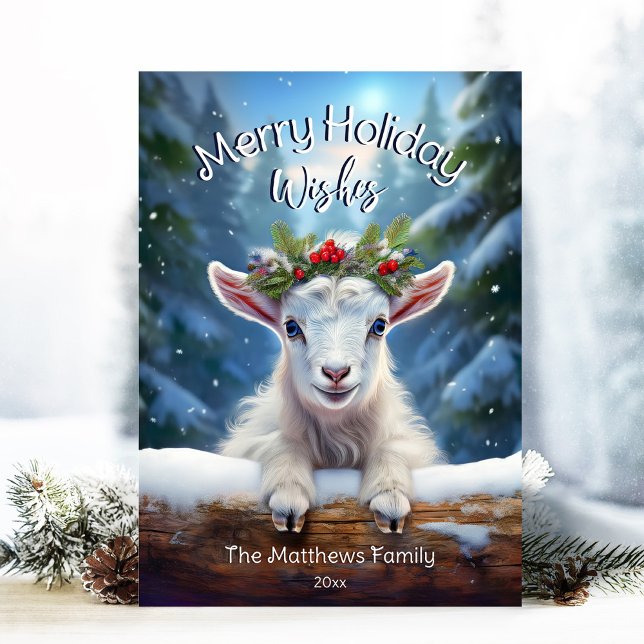Peeking Baby Goat Winter Wonderland Forest Merry Julkort (Adorable Winter Snowy Scene With Peeking Dogs or Farm/Woodland Animals - Over 50 to Choose From!)