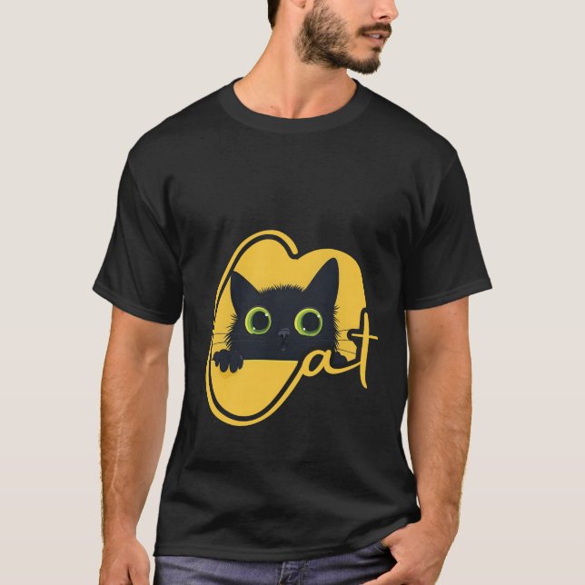 Peeking Black Cat: Big Green Eyes Feline Design T Shirt (Framsida)