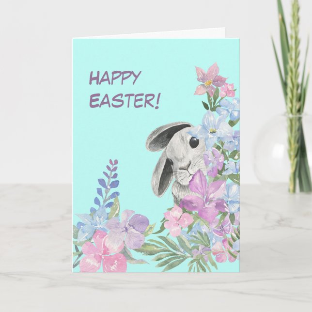 Peeking Bunny Blommigt Bouquet Påsk Card Helgkort (Framsida)