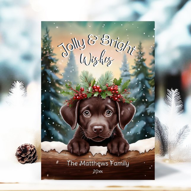 Peeking Chocolate Lab Jolly & Bright Rustic Forest Julkort (Adorable Winter Snowy Scene With Peeking Dogs or Farm/Woodland Animals - Over 50 to Choose From!)