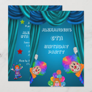 Peeking Clowns Boy's 6e Birthday Dubbla Sided Inbjudningar