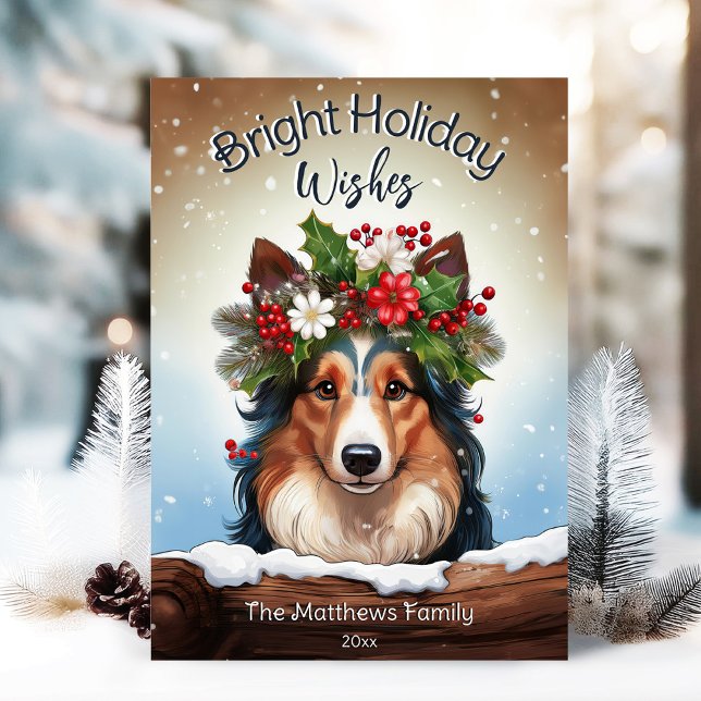 Peeking Collie Bright Önskemål Winter Pet Porträtt Julkort (Adorable Winter Snowy Scene With Peeking Dogs or Farm/Woodland Animals - Over 50 to Choose From!)