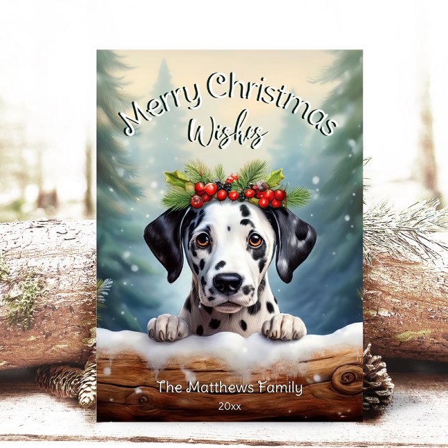 Peeking Dalmatien i Woodland Forest Pet Porträtt Julkort (Adorable Winter Snowy Scene With Peeking Dogs or Farm/Woodland Animals - Over 50 to Choose From!)