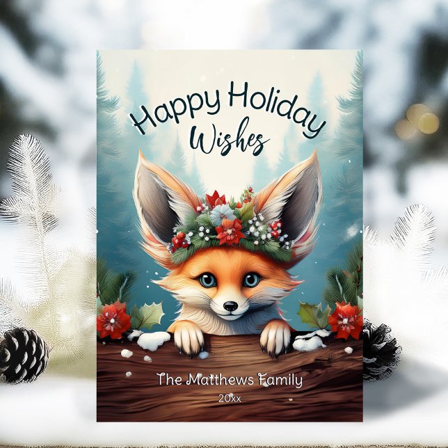 Peeking Fennec Fox Snowing Woodland Forest Lycklig Julkort (Adorable Winter Snowy Scene With Peeking Dogs or Farm/Woodland Animals - Over 50 to Choose From!)