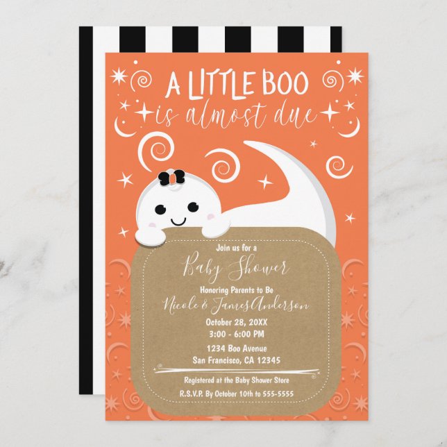 Peeking Girl Ghost Orange Halloween Baby Shower Inbjudningar (Fram/baksida)