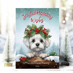 Peeking Maltese Hund Snowing Forest Pet Porträtt Julkort