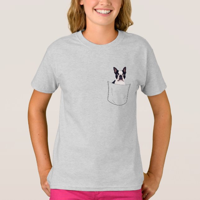 Peeking Pocket Pet - Boston Terrier Hund T Shirt (Framsida)