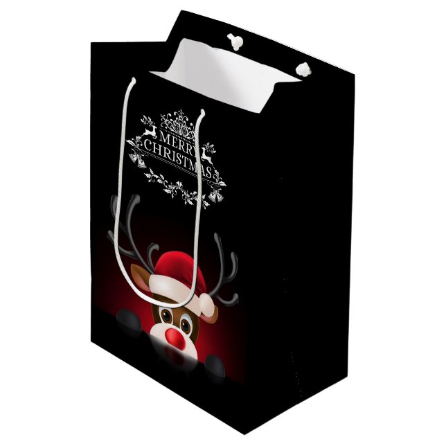 Peeking Rudolph Black Christmas Gift Bag (Framsidan Vinklad)