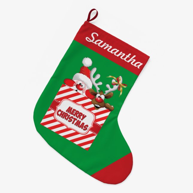 Peeking Santa n'Reindeer Stocking Stor Julstrumpa (Framsidan (Hängande))