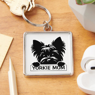 Peeking Yorkie Black Silhouette Yorkie Mamma Fyrkantig Silverfärgad Nyckelring