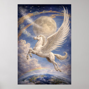 Pegasus flygande mellan jorden och månen fantasyko poster
