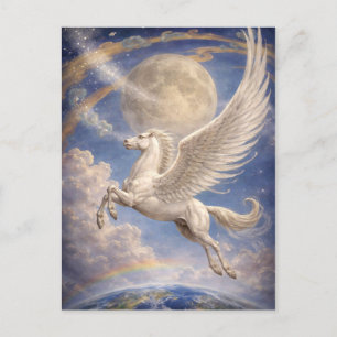 Pegasus flygande mellan jorden och månen fantasyko vykort