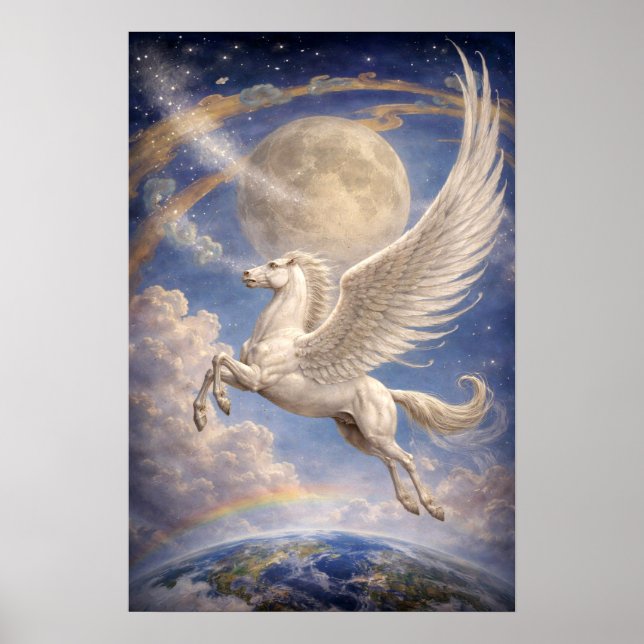 Pegasus Flying Between Earth And Moon Fantasy Art Poster (Framsidan)